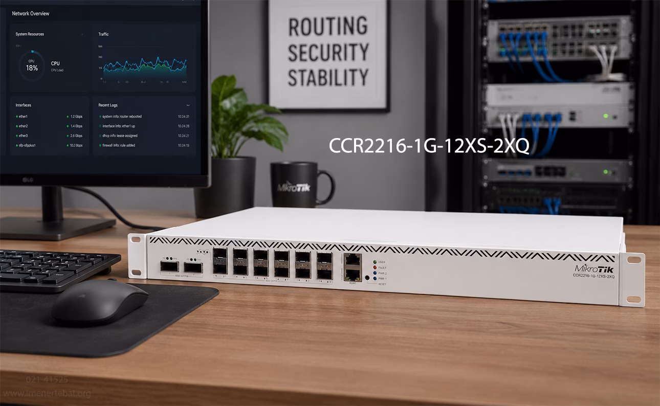 روتر میکروتیک CCR2216-1G-12XS-2XQ 1 در تصویر روتر میکروتیک CCR2216-1G-12XS-2XQ را مشاهده می کنید که از سیستمعامل RouterOS v7 پشتیبانی می کند.