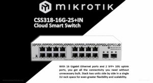 در این تصویر سوئیچ میکروتیک مدل CSS318-16G-2S+IN را شاهد هستید که دارای 16 پورت گیگابیت است 
