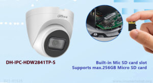 در این تصویر دوربین مداربسته داهوا مدل DH-IPC-HDW2841TP-S با پشتیبانی از کارت SD را مشاهده می کنید