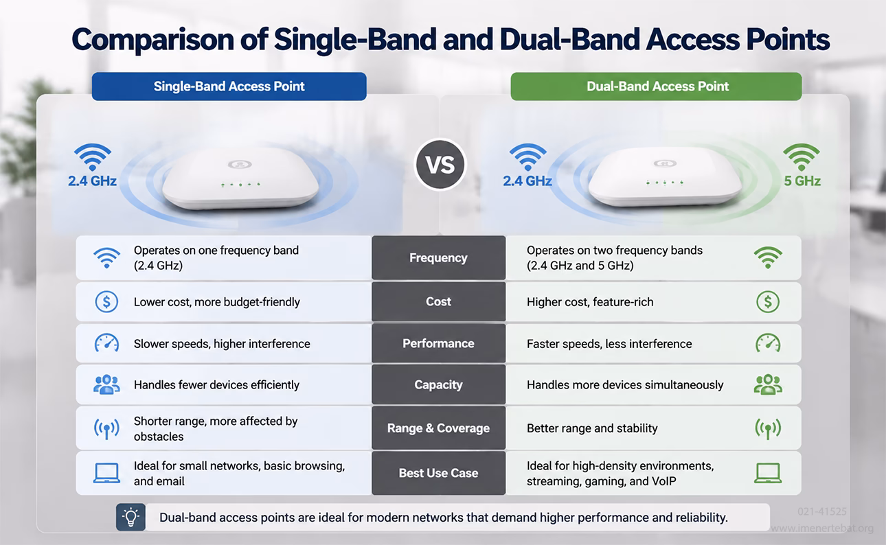 مقایسه اکسس پوینت های تک بانده و دو بانده 3 مقایسه اکسس پوینت Single Band و Dual Band از نظر فرکانس، سرعت، پوششدهی و عملکرد شبکه وایرلس