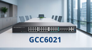 در این تصویر سوئیچ شبکه گرنداستریم GCC6021 را در رنگ مشکی مشاهده می کنید 