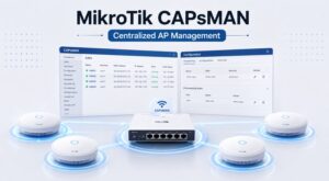 آموزش راهاندازی CAPsMAN در اکسس پوینت میکروتیک 2 تصویر مدیریت متمرکز اکسس پوینتهای میکروتیک با CAPsMAN، شامل روتر MikroTik بهعنوان کنترلر مرکزی، چهار اکسس پوینت متصل و پنل تنظیمات وایرلس برای مدیریت یکپارچه شبکه بیسیم.