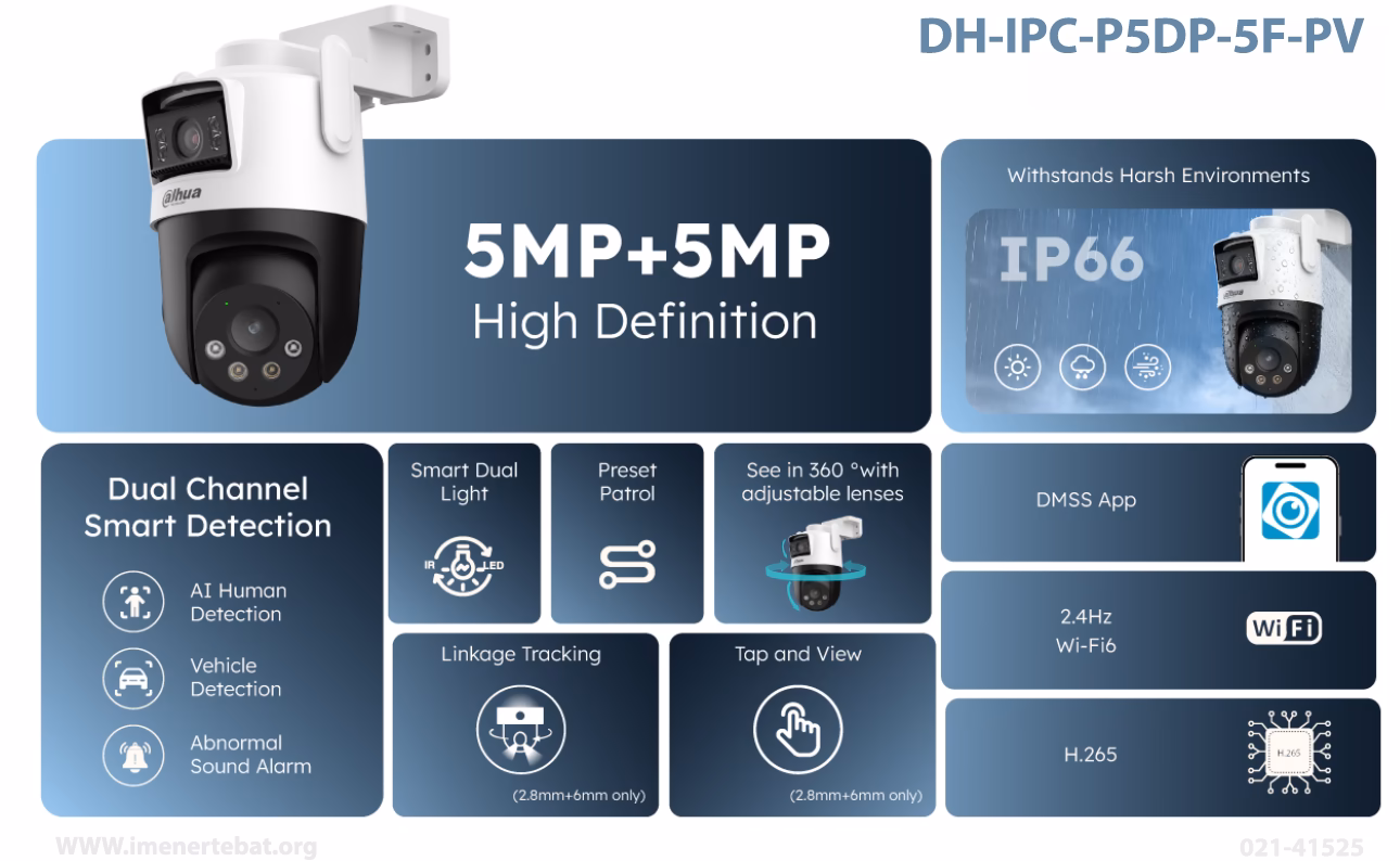 دوربین مداربسته داهوا مدل DH-IPC-P5DP-5F-PV 1 در این تصویر دوربین مداربسته داهوا مدل DH-IPC-P5DP-5F-PV که دارای دو لنز 5MP است را مشاهده می کنید