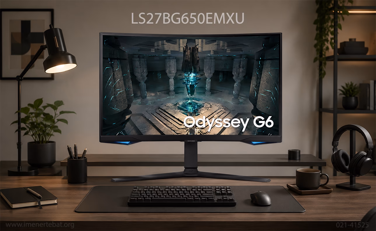 مانیتور 27 اینچ سامسونگ مدل LS27BG650EMXU 1 مانیتور خمیده سامسونگ Odyssey G6 مدل LS۲۷BG۶۵۰EMXU روی میز کار مدرن با کیبورد، ماوس و لوازم جانبی گیمینگ