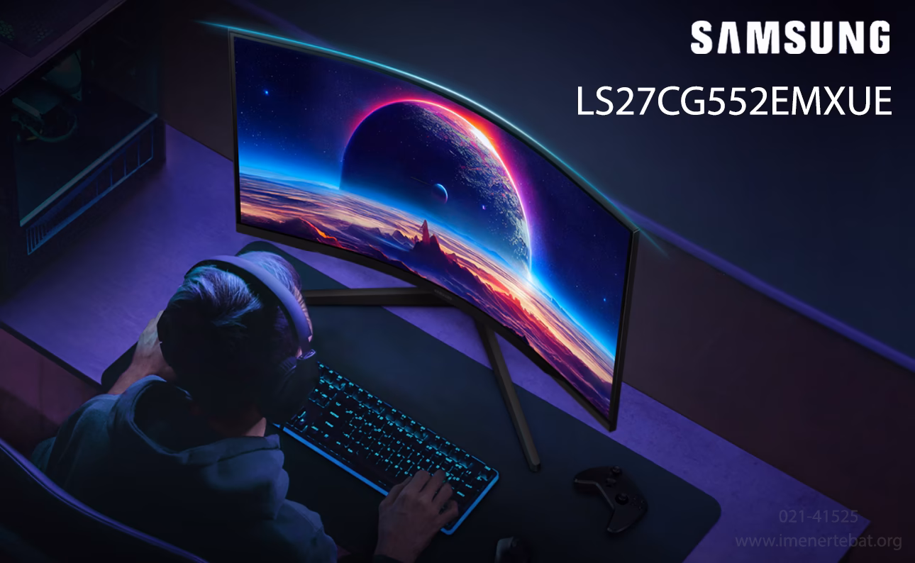 مانیتور 27 اینچ سامسونگ مدل LS27CG552EMXUE 1 مانیتور گیمینگ خمیده ۲۷ اینچ سامسونگ مدل LS27CG552EMXUE در فضای گیمینگ با تصویر فضایی