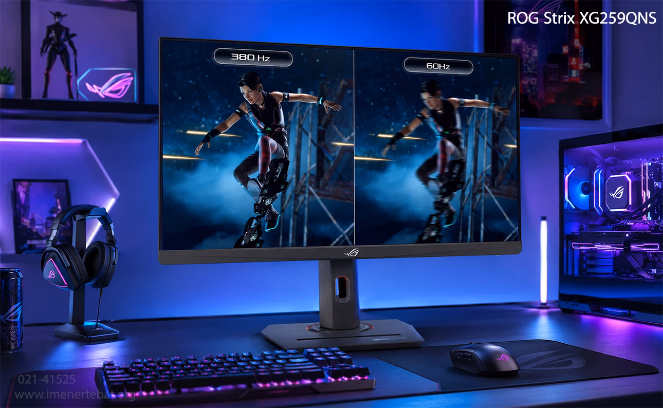 مانیتور 25 اینچ ایسوس مدل ROG Strix XG259QNS 1 تصویر مانیتور گیمینگ ایسوس مدل ROG Strix XG259QNS در میز گیمینگ با تم آبی و بنفش