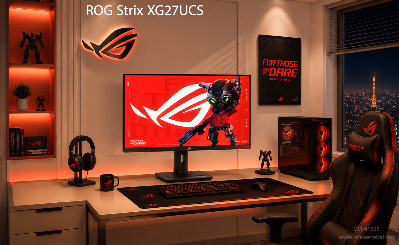 مانیتور 27 اینج ایسوس مدل ROG Strix XG27UCS 1 مانیتور گیمینگ ASUS ROG در اتاق مدرن با نور قرمز و دکور کرم