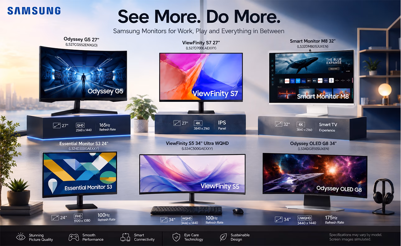 پوستر تبلیغاتی مجموعه مانیتورهای سامسونگ در فضای مدرن، شامل مدلهای Odyssey، ViewFinity، Smart Monitor و Essential Monitor با نمایش اندازه، وضوح و نرخ نوسازی هر مدل.