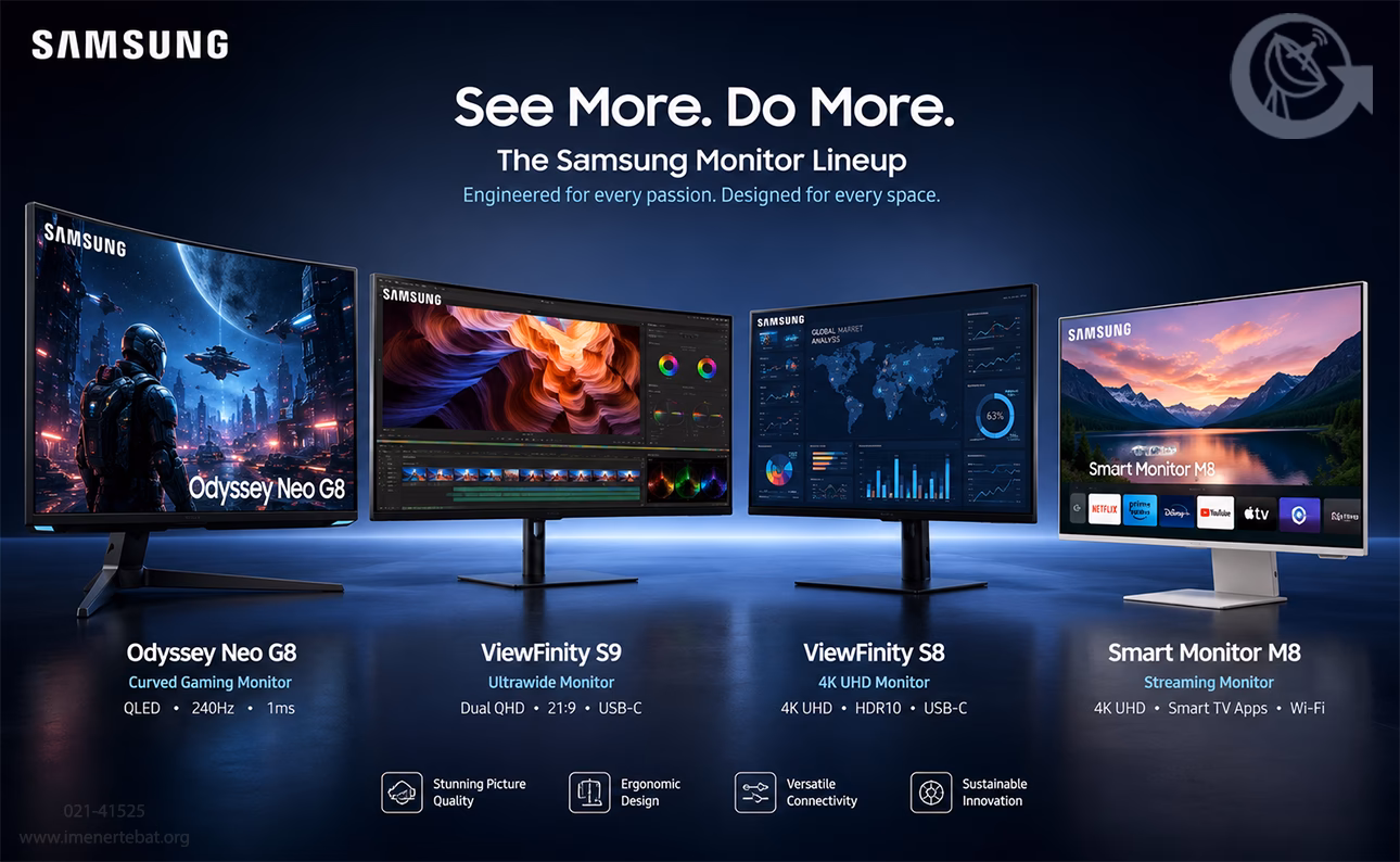 در این تصویر طرح تبلیغاتی برای مجموعه مانیتورهای سامسونگ شامل مدلهای Odyssey Neo G8، ViewFinity S9، ViewFinity S8 و Smart Monitor M8 را مشاهده می کنید