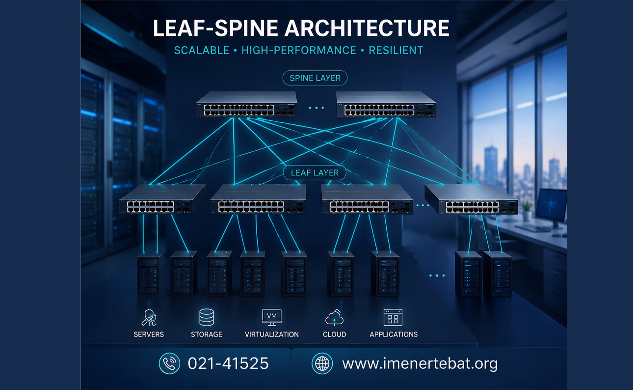 معماری Leaf and Spine و نقش سوئیچ شبکه در دیتاسنتر 3 نمودار معماری Leaf-Spine با سوئیچهای Spine، Leaf و سرورهای دیتاسنتر