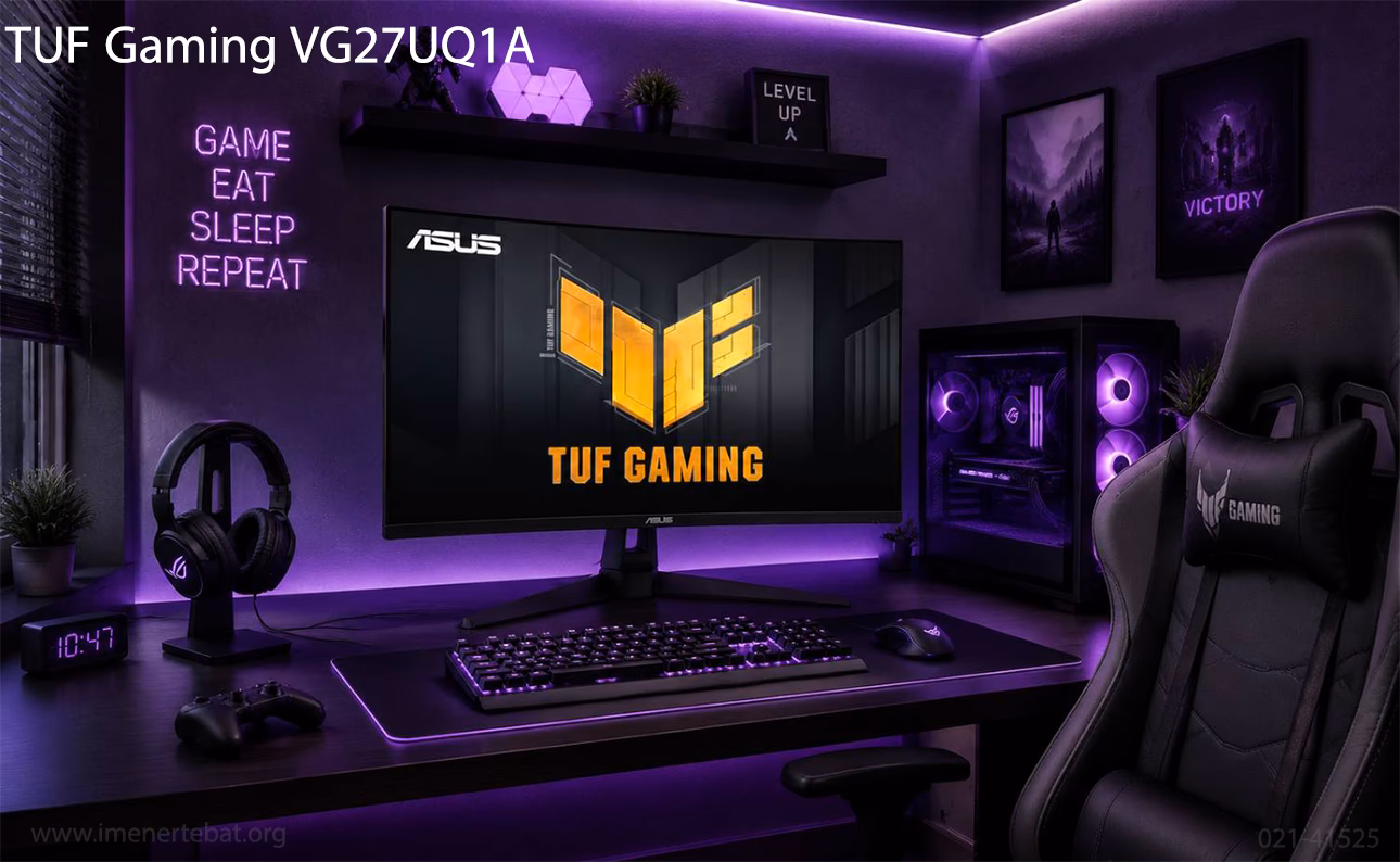مانیتور 27 اینچ ایسوس مدل TUF Gaming VG27UQ1A 1 اتاق گیمینگ مدرن با نورپردازی بنفش و خاکستری، مجهز به مانیتور خمیده ASUS TUF، کیس RGB و صندلی گیمینگ مشکی.