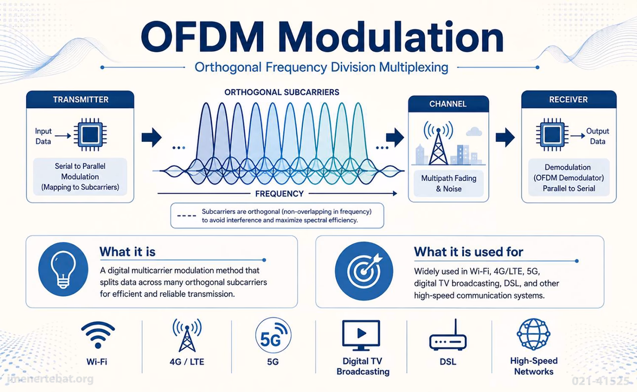 مدولاسیون OFDMA چیست و چه کاربردی دارد؟ 3 اینفوگرافیک OFDM و کاربرد آن در شبکههای Wi-Fi، 4G، 5G و ارتباطات پرسرعت.