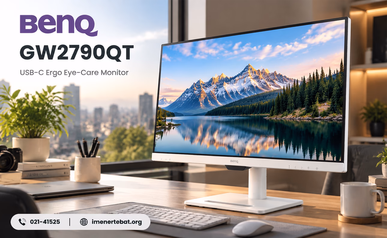 مانیتور بنکیو GW2790QT سایز 27 اینچ 2 تصویر مانیتور بنکیو PD2705Q در زاویه جانبی داخل فضای کاری مدرن با نمایش پارت نامبر
