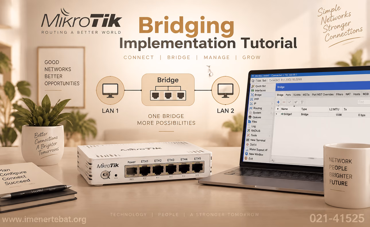 آموزش پیاده سازی Bridging در میکروتیک 3 بنر آموزشی پیادهسازی Bridging در میکروتیک با نمایش روتر، تنظیمات Bridge و اتصال شبکه در فضای کاری مدرن با طراحی کرم و سفید.