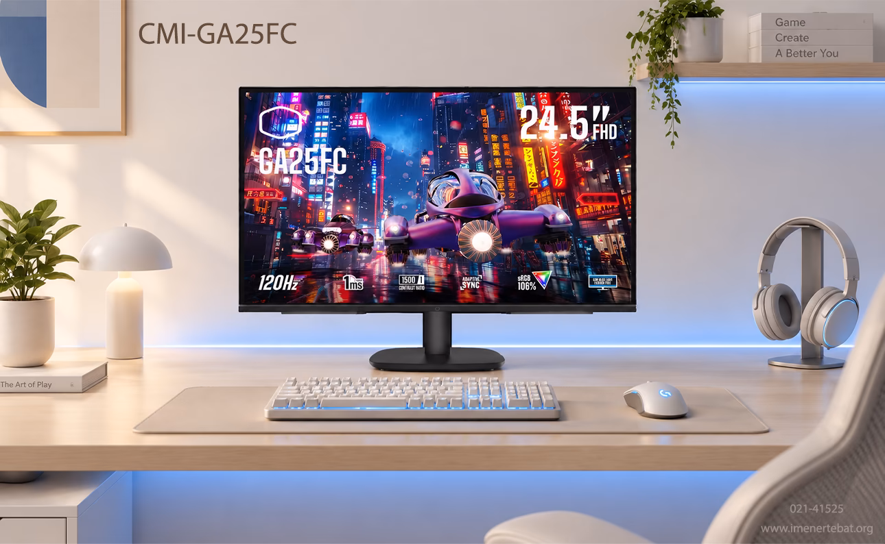 مانیتور 25 اینچ کولر مستر مدل CMI-GA25FC 1 مانیتور گیمینگ کولر مستر مدل GA25FC در اتاق گیمینگ مدرن با طراحی مینیمال، نمایشگر Full HD روی میز سفید با نورپردازی آبی، کیبورد و موس گیمینگ و فضای کاری شیک