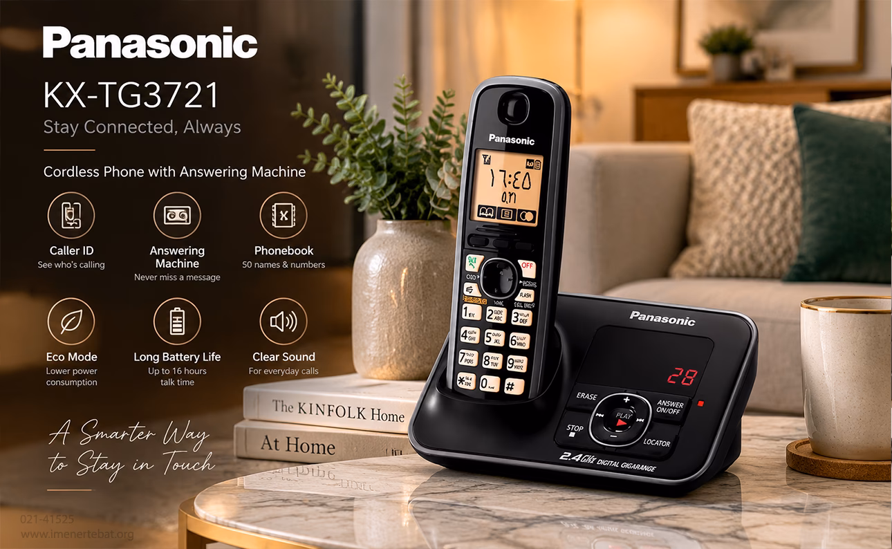 تلفن بی سیم پاناسونیک مدل KX-TG3721 2 تصویر محصول Panasonic KX-TG3721 تلفن بی سیم پاناسونیک با قابلیت Caller ID، منشی تلفنی، حالت Eco Mode و طراحی مناسب برای منزل
