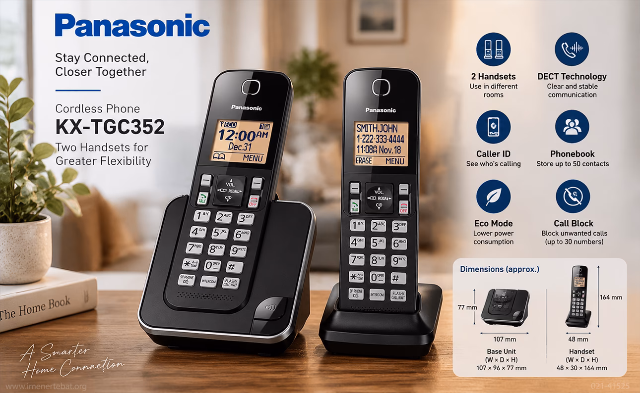 تلفن بی سیم پاناسونیک مدل KX-TGC352 1 تلفن بی سیم پاناسونیک KX-TGC352 دو گوشی با قابلیت نمایش شماره تماس و حالت Eco Mode