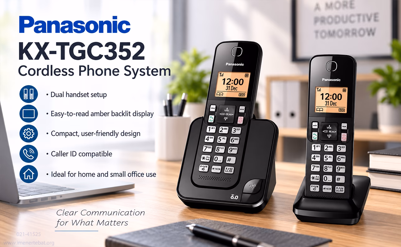 تلفن بی سیم پاناسونیک مدل KX-TGC352 2 تلفن بی سیم پاناسونیک مدل KX-TGC352 در محیط دفتر کار کوچک با طراحی مدرن و امکانات کاربردی