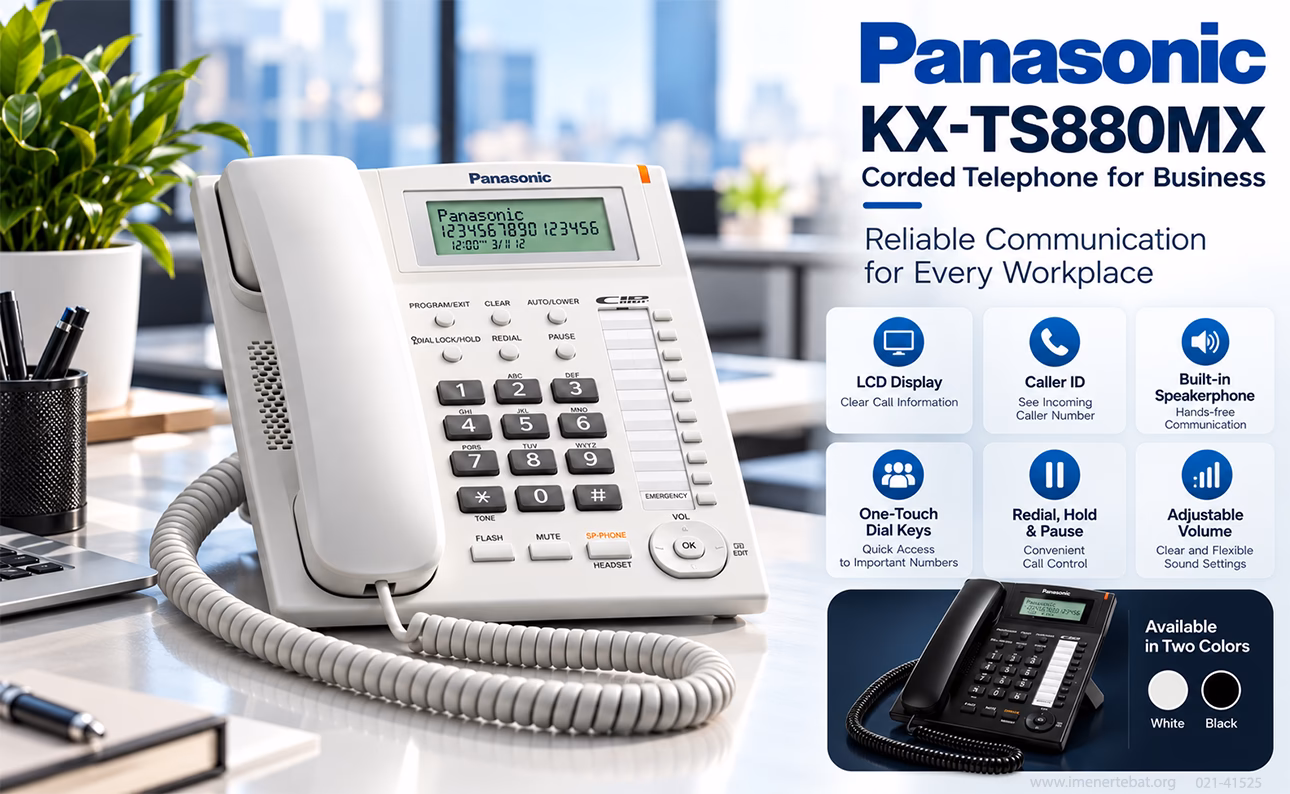 تلفن رومیزی پاناسونیک مدل KX-TS880MX 1 تلفن رومیزی پاناسونیک KX-TS880MX در محیط کاری مدرن با نمایشگر LCD، قابلیت کالر آیدی، اسپیکر داخلی و نمایش دو رنگ سفید و مشکی.
