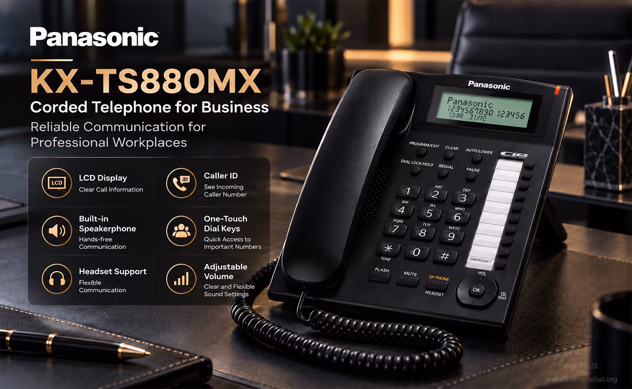 تلفن رومیزی پاناسونیک مدل KX-TS880MX 2 تلفن رومیزی پاناسونیک KX-TS880MX مشکی در محیط کاری لوکس با نمایشگر LCD، کالر آیدی، اسپیکر داخلی، کلیدهای شمارهگیری سریع و قابلیت اتصال هدست.
