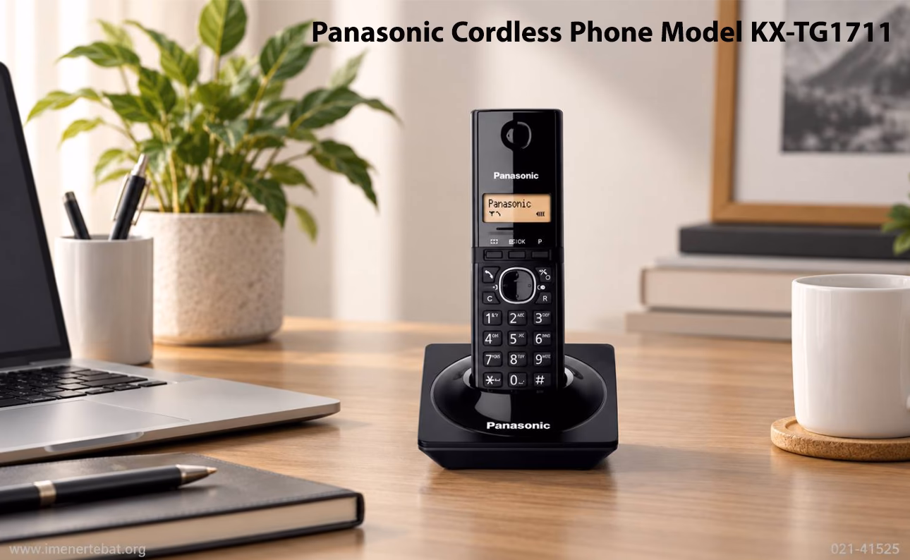تلفن بی سیم پاناسونیک مدل KX-TG1711 1 تصویری از تلفن بیسیم پاناسونیک روی میز کار مدرن با پسزمینهای آرام و مینیمال، همراه با آدرس سایت و شماره تماس بهصورت کمرنگ در پایین تصویر